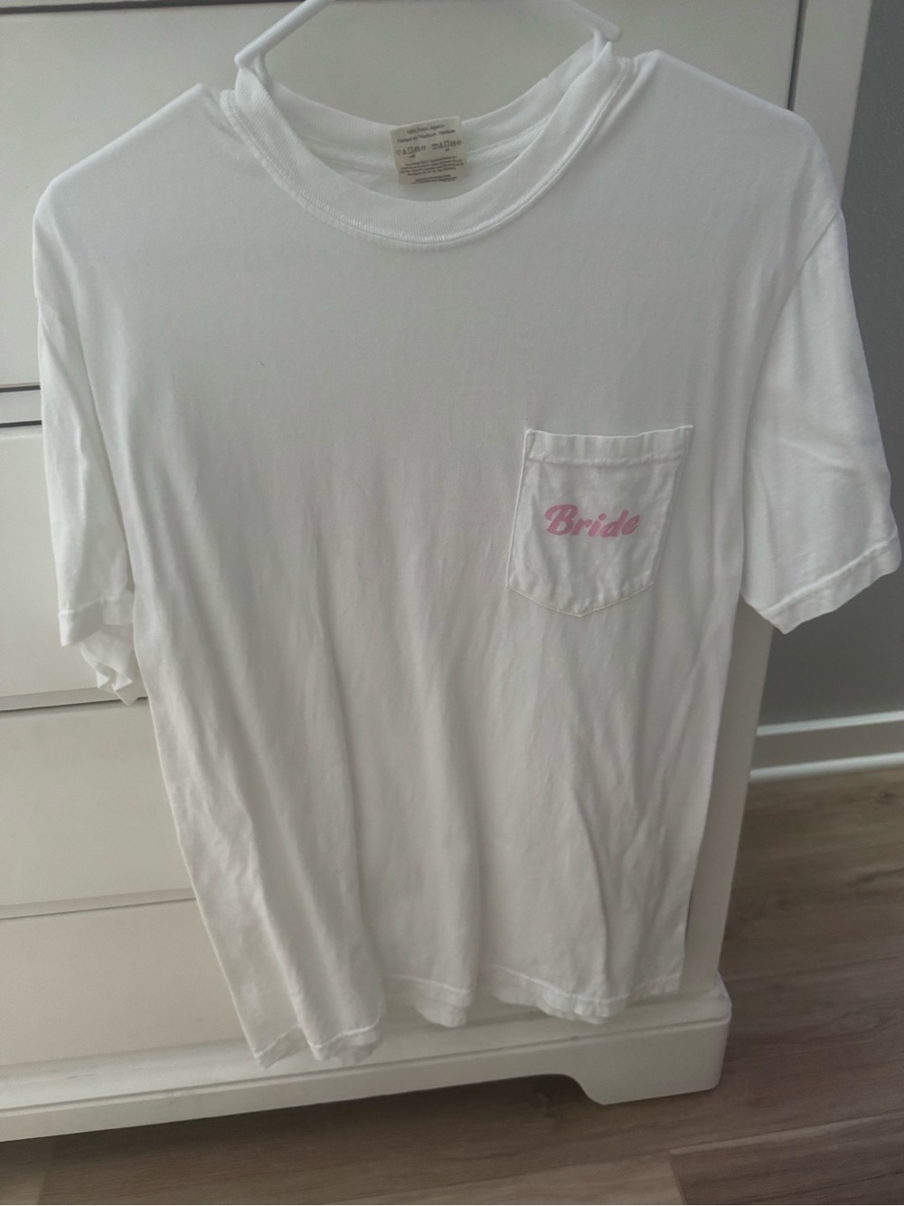 Comfort Colors White Short-Sleeve Pocket Tee with Pink "Bride" Script